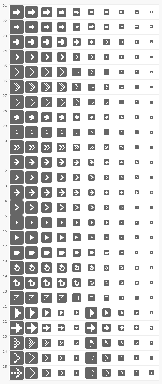 フリーデザイン素材 シンプル矢印アイコン25種 10サイズ Pixel Lab